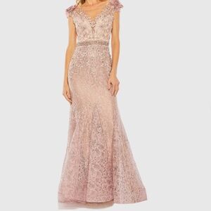 Mac Duggal High Neck Shoulder Flower Detail Mermaid Gown